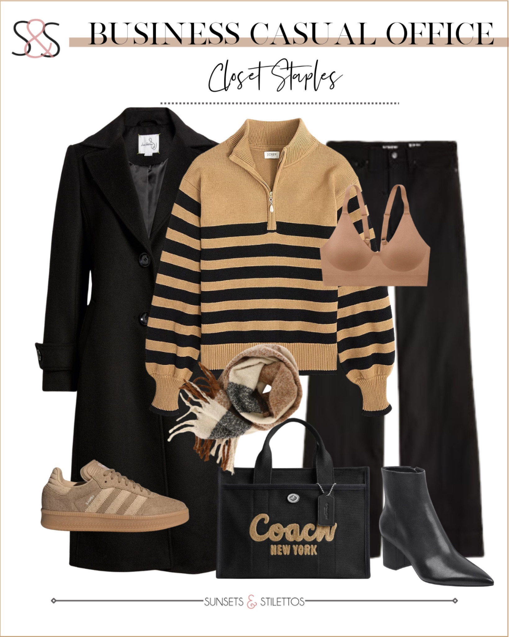Business casual staples to elevate your office wardrobe. A striped zip sweater paired with sleek black pants creates a polished look. Neutral accessories like classic booties, a structured tote, and a versatile scarf complete the outfit!

Sunsets and Stilettos, striped zip sweaters, black pants, work tote, office-ready boots, cozy winter scarves

#LTKFindsUnder100 #LTKFindsUnder50 #LTKOver40