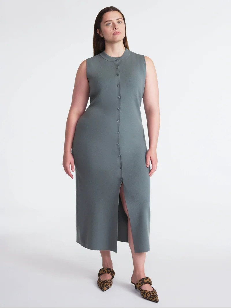 Scoop Women's and Women’s Plus Button Front Midi Sweater Dress, Sizes XS-4X | Walmart (US)