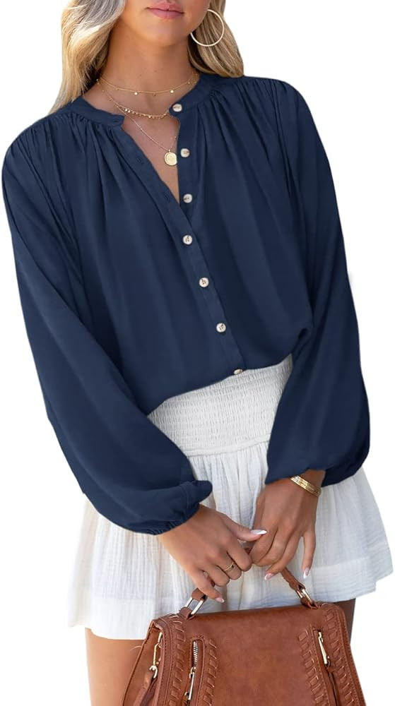 SENSERISE Womens Long Sleeve Button Down Shirt Casual Solid Color Balloon Sleeve V Neck Tops Sati... | Amazon (US)