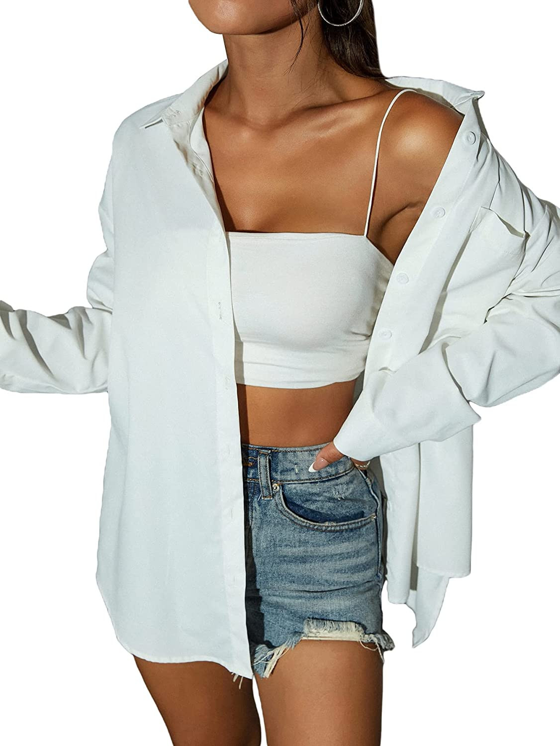 MakeMeChic Women's Oversized Button Down Shirts Collared Button Up Shirt Blouse Top | Amazon (US)