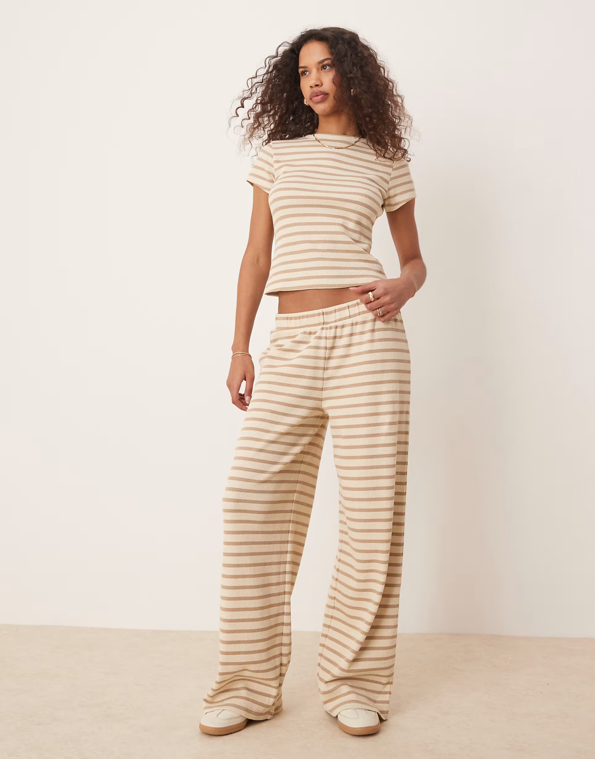 ASOS DESIGN waffle wide leg trousers co-ord in neutral stripe | ASOS | ASOS (Global)