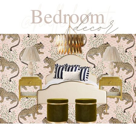 Bedroom, decor, girly bedroom, tiger, wallpaper, pink and leopard wallpaper, cheetah wallpaper, nightstands, green velvet, ottoman, furniture, bedroom, furniture, cream, and gold bed, upholstered bed, striped pillows, ruffle pillows, lumbar pillows, throw pillows, chandelier, feather chandelier, gold chandelier, queen, bed, king, bed, wood, nightstands, home renovation sheets, tiger, sheets, animal, print sheets, organic sheets, Anthropologie , home, decor, Anthropologie , home, finds

#LTKsalealert #LTKfamily #LTKhome