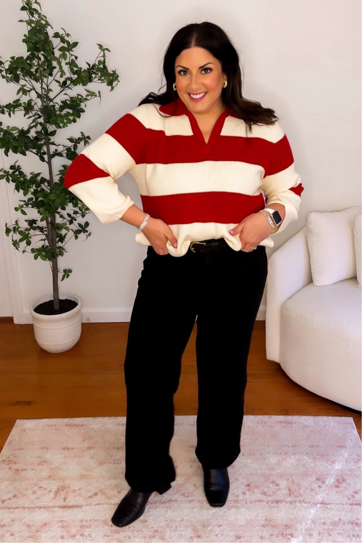 Size L in this striped sweater and size 14 in jeans 💕 

Midsize outfit, outfit inspo, winter outfit, winter style, polo sweater, striped sweater outfit 

#LTKFindsUnder50 #LTKMidsize #LTKStyleTip