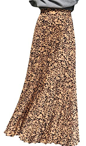 ebossy Women's High Waist Flowy Pleated Chiffon Maxi Skirt (X-Large, Leopard) | Amazon (US)