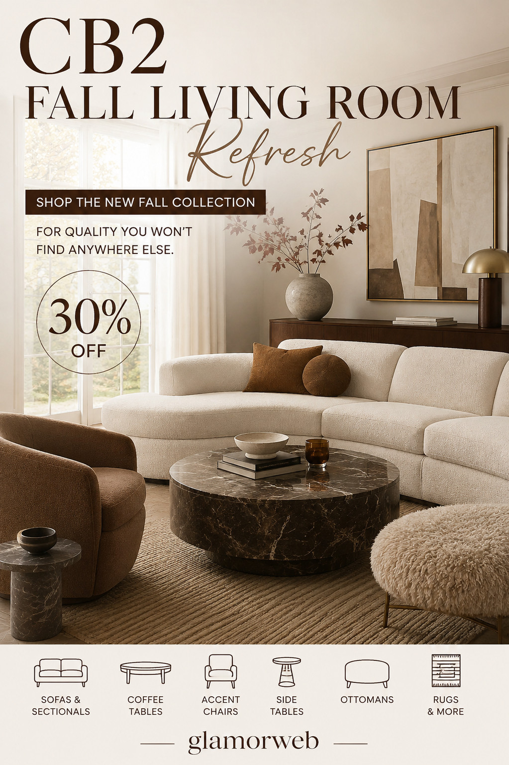 This is your sign to refresh your living room for FALL 🍁✨ CB2 just dropped their new collection and it’s giving full designer vibes — sculptural sofas, cozy sectionals, chic coffee tables + elevated accent chairs 🤍

Everything feels high-quality, modern, and timeless… the kind of pieces you won’t find anywhere else. And yes — up to 30% OFF right now 🙌

From ottomans to rugs to side tables… your whole space can get that cozy, elevated glow-up 🤎

#cb2decor #fallrefresh #livingroominspo #cozylivingroom #modernhomeideas #ltkhome #ltkfall #ltkfinds #ltkstyleinspo #homeinspo2026 #interiorstylingideas #cozyaesthetic #neutralinterior #warmminimalism #homegoals2026 #fallinteriors #decortrends #homestyleinspo #livingroomstyle #sectionaldesign #coffeetableinspo #accentchairgoals #rugdecor #sideTableStyling #homedetailsmatter #stylishliving #aestheticdecor #fallcozyhome #interiorluxe #designerinspo #salehome #dealalert #homeupgradeideas #ltkviral #trendingdecor 

 #LTKSeasonal #LTKHome #LTKSaleAlert