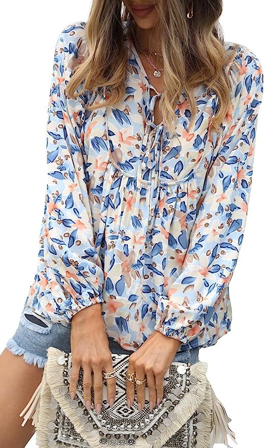 PRETTYGARDEN Women's Floral Ruffled Tunic Blouse Tie V Neck Casual Long Sleeve Babydoll Peplum To... | Amazon (US)