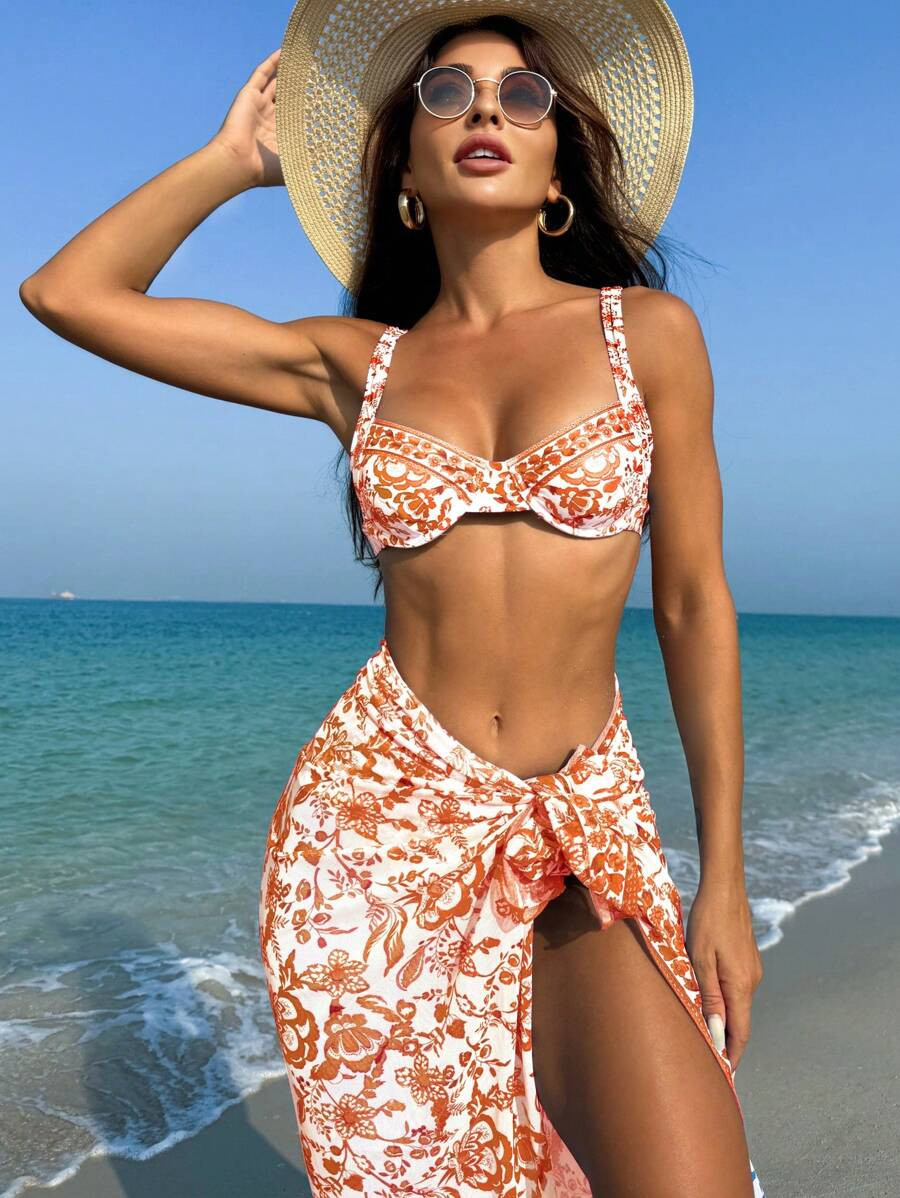 Bikinx Plant Print Underwire Bikini Set With Mesh Sheer Skirt Set (3 Pieces) | SHEIN