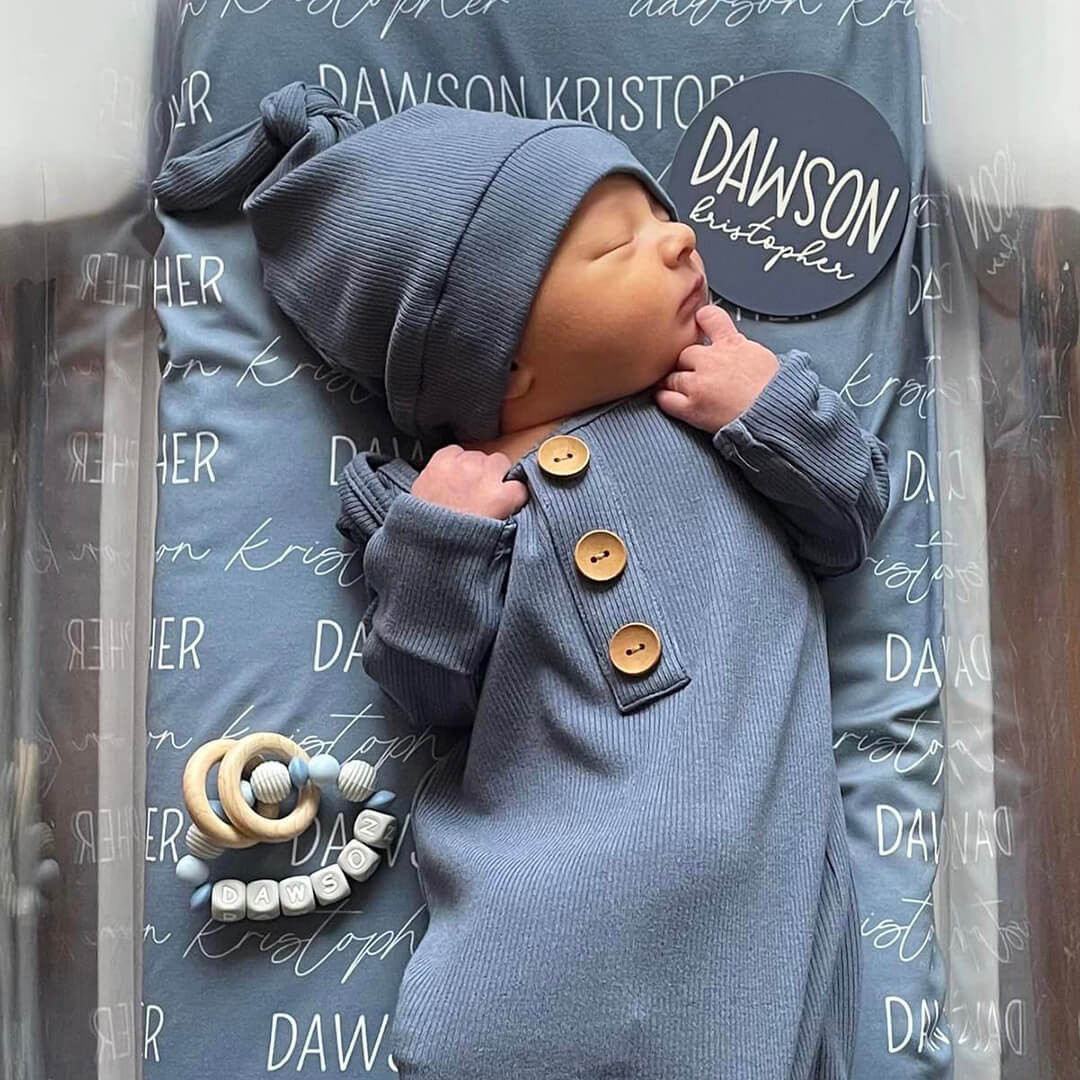 Steel Blue Ribbed Bamboo Baby Knot Gown & Hat | Caden Lane