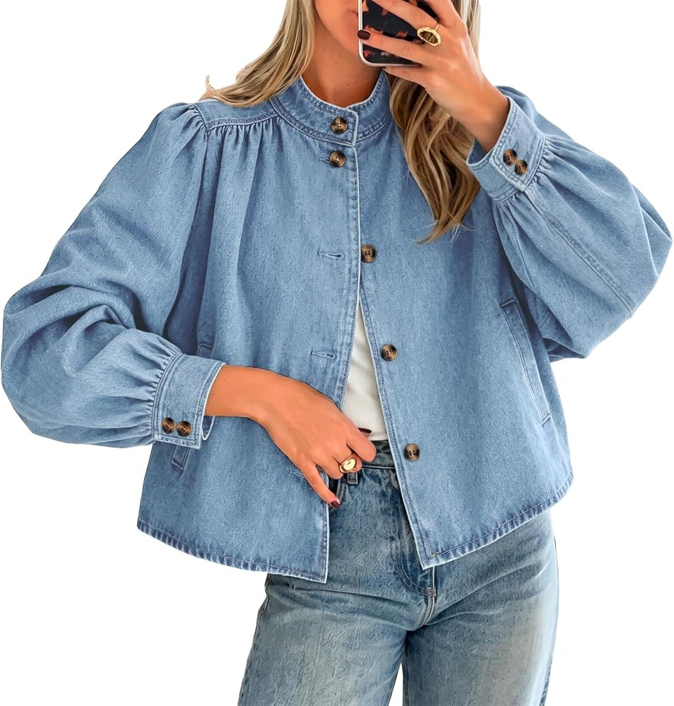Womens Puff Long Sleeve Jean Jacket Casual Stand Collar Button Down Denim Jackets Loose Fit Tops | Amazon (US)