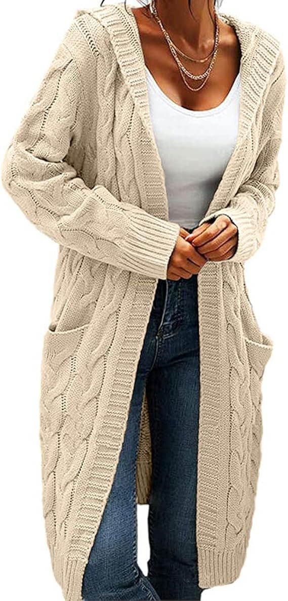 Women Hooded Open Front Cardigan Cable Knit Sweaters Solid Color Chunky Long Sweater Coats | Amazon (US)