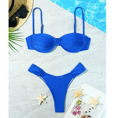 New European And American Style Solid Color Vacation Bikini Set, For Summer Beach | SHEIN