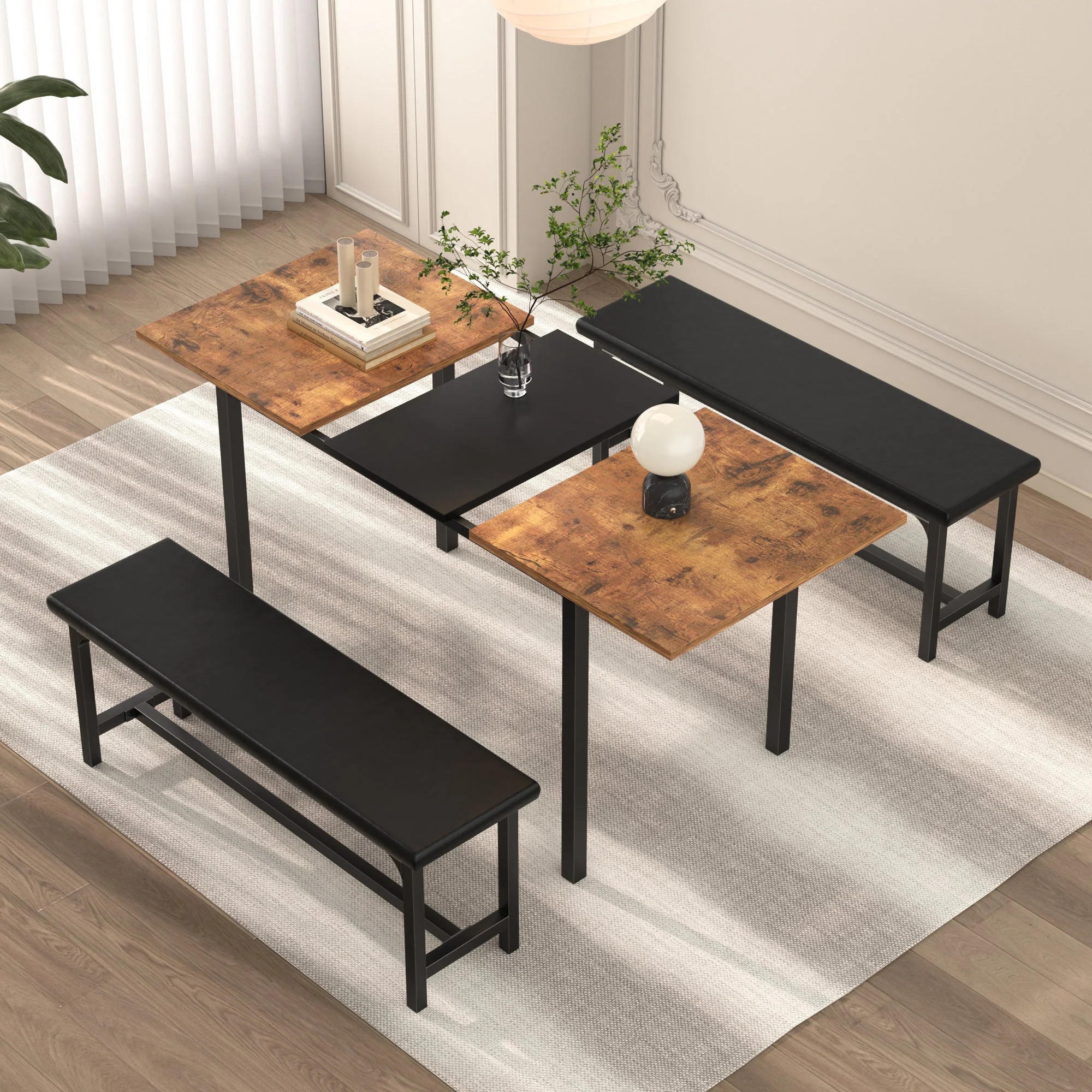 Vecelo Rectangular Expandable Dining Table Set Wood Kitchen Table with Bench Space Saving Kitchen Furniture Set for 6 or 8 People one_size | Lowe's