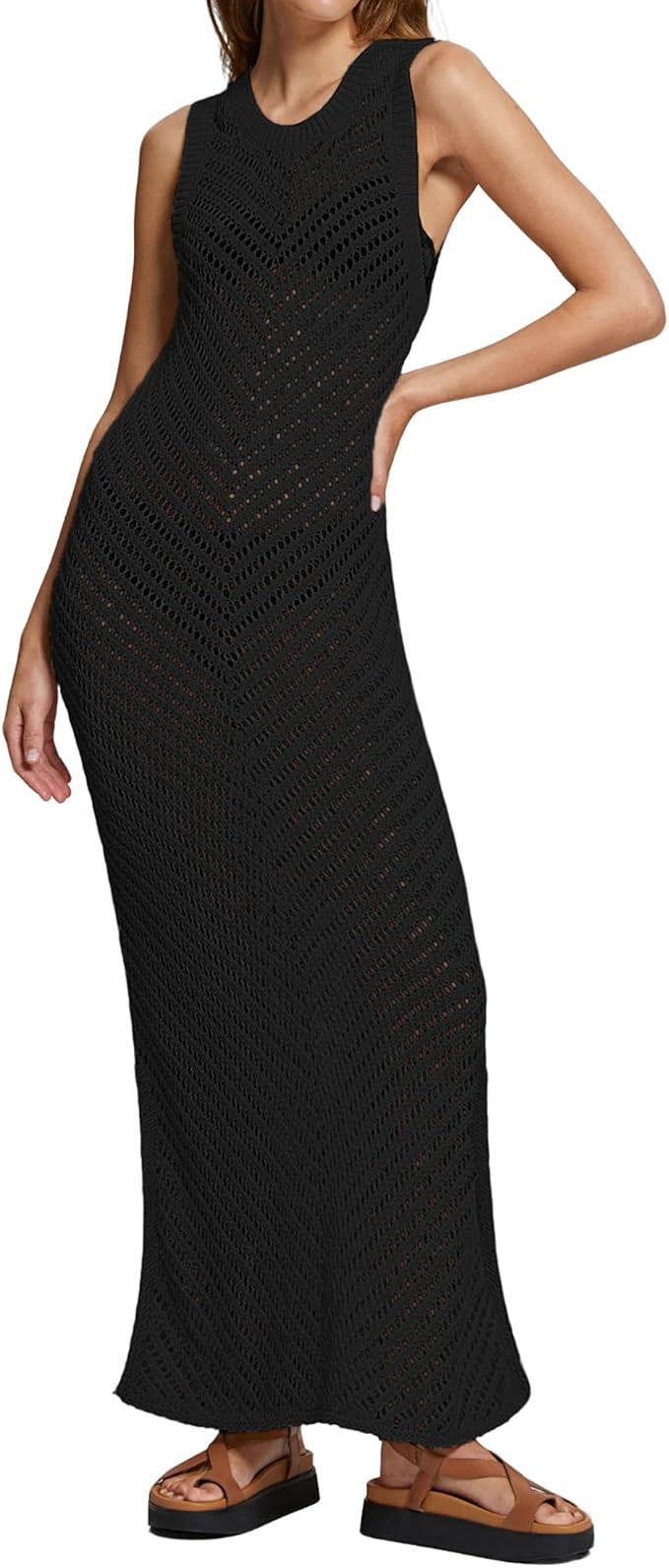 Bsubseach Women Crochet Swimsuit Cover Up Sleeveless Hollow Out Long Swim Coverup Beach Dress | Amazon (US)