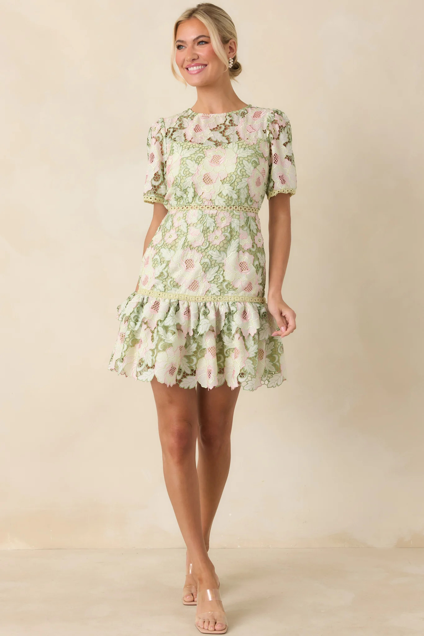 Petal Poetry Green & Pink Floral Lace Ruffle Mini Dress | Red Dress
