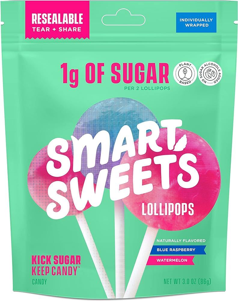 SmartSweets Lollipops, 3oz, Blue Raspberry & Watermelon Flavors, Hard Candy with Low Sugar (1g), ... | Amazon (US)
