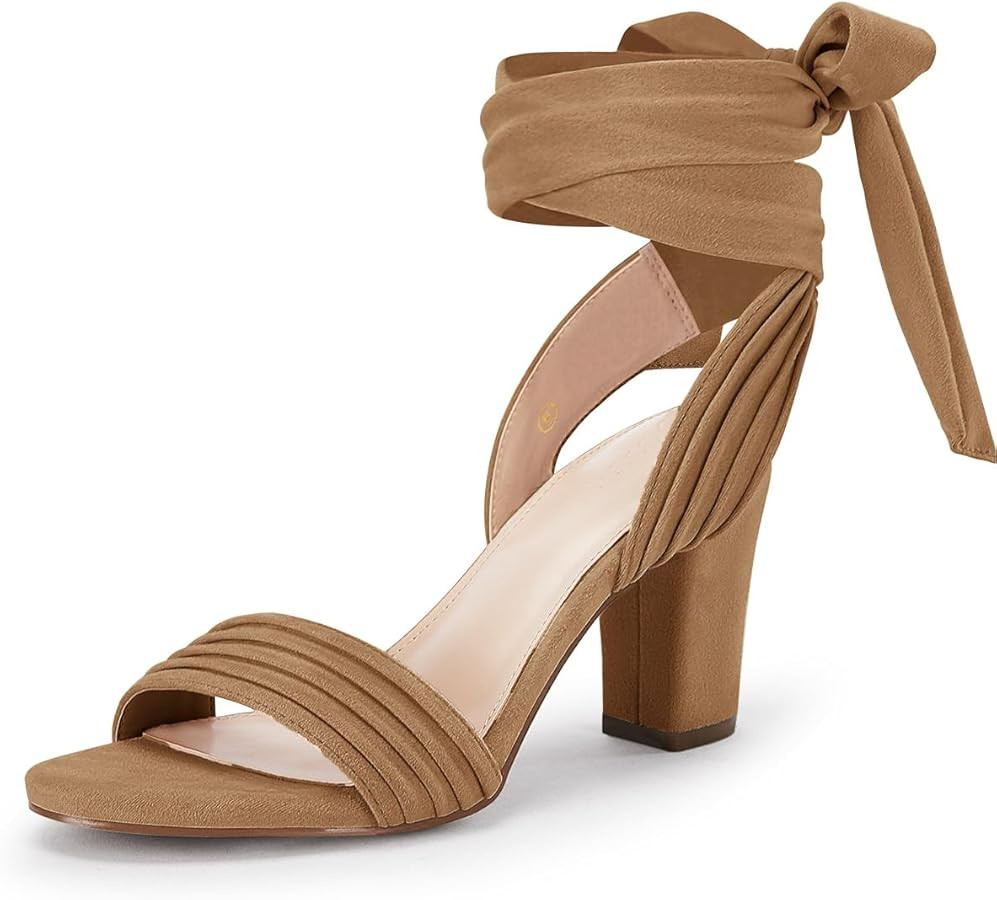 Coutgo Womens Strappy High Heels Chunky Heeled Sandals Bow Tie Lace Up Open Toe Pumps Dress Weddi... | Amazon (US)