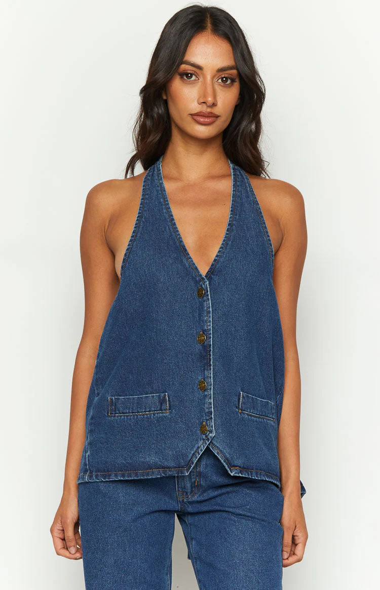 Lioness Hills Halter Dark Denim Vest | Beginning Boutique (US)
