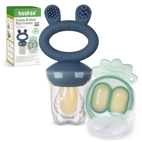 haakaa Baby Fruit Food Feeder & Mini Freezer Nibble Tray Combo, Breastmilk Popsicle Molds for Baby Cooling Relief, BPA Free Silicone Feeder for Safe Infant Self Feeding, 4 Month+ (Steel Blue) | Amazon (UK)