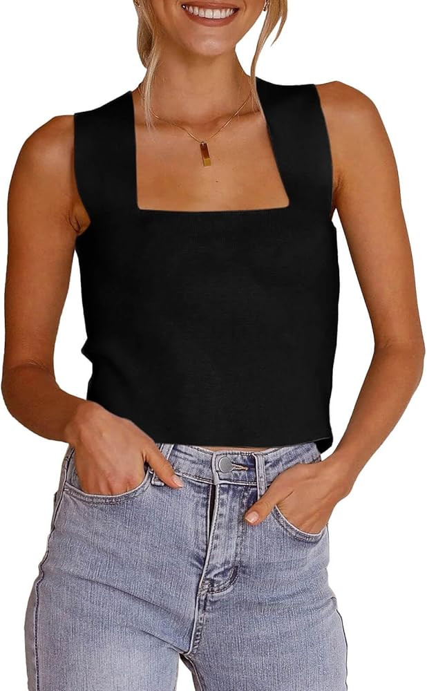 Zwurew Women's Knit Square Neck Tank Tops 2024 Summer Casual Sleeveless Sweater Fitted Shirts Tan... | Amazon (US)
