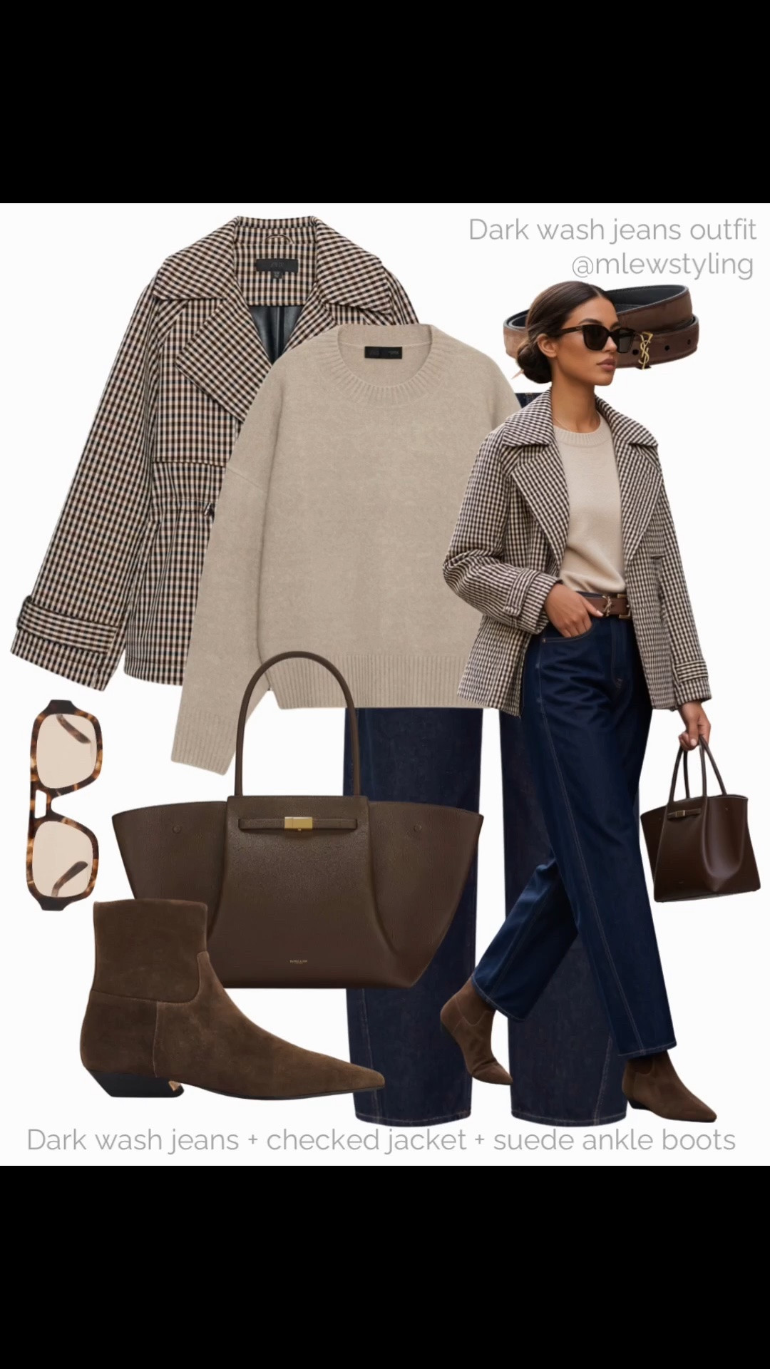 Dark wash jeans + checked jacket + suede ankle boots 🍂

Tags: elevated fall outfit, Zara crewneck sweater, demellier tote bag, aviator sunglasses, ysl belt, neutral outfit formulas, casual workwear, autumn office outfit

#LTKfall #LTKjeans #LTKworkwear