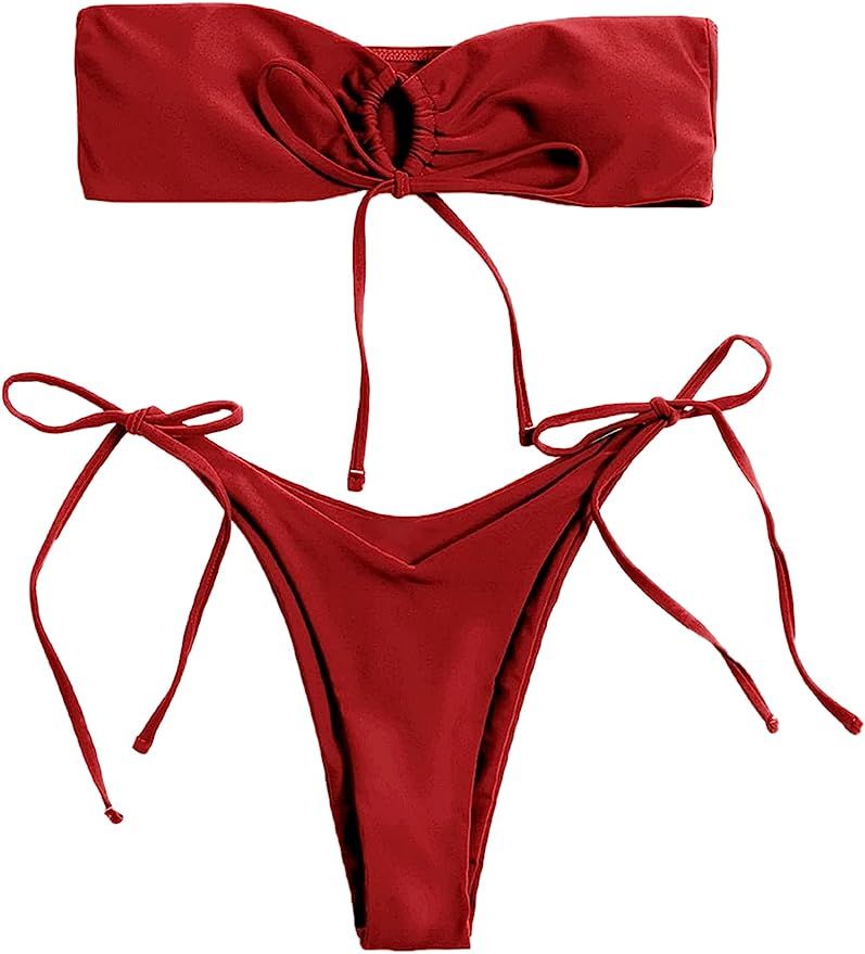 SheIn Women's Strapless Bandeau Bikini Set High Cut Waist Tie Side Thong Swimsuit Bathing Suit | Amazon (US)