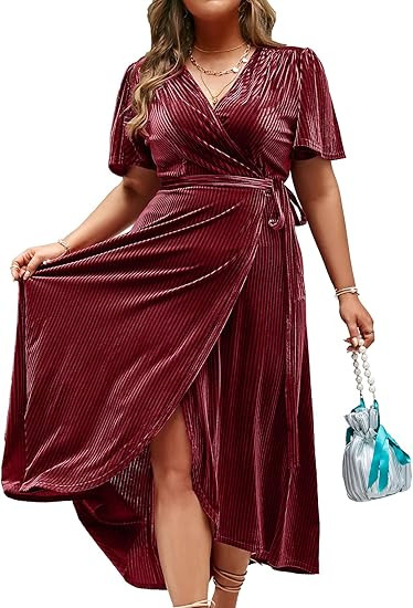 BerryGo Women's Velvet V Neck Wrap Semi Formal Dress Cocktail Party Maxi Dress for Wedding Guest | Amazon (US)