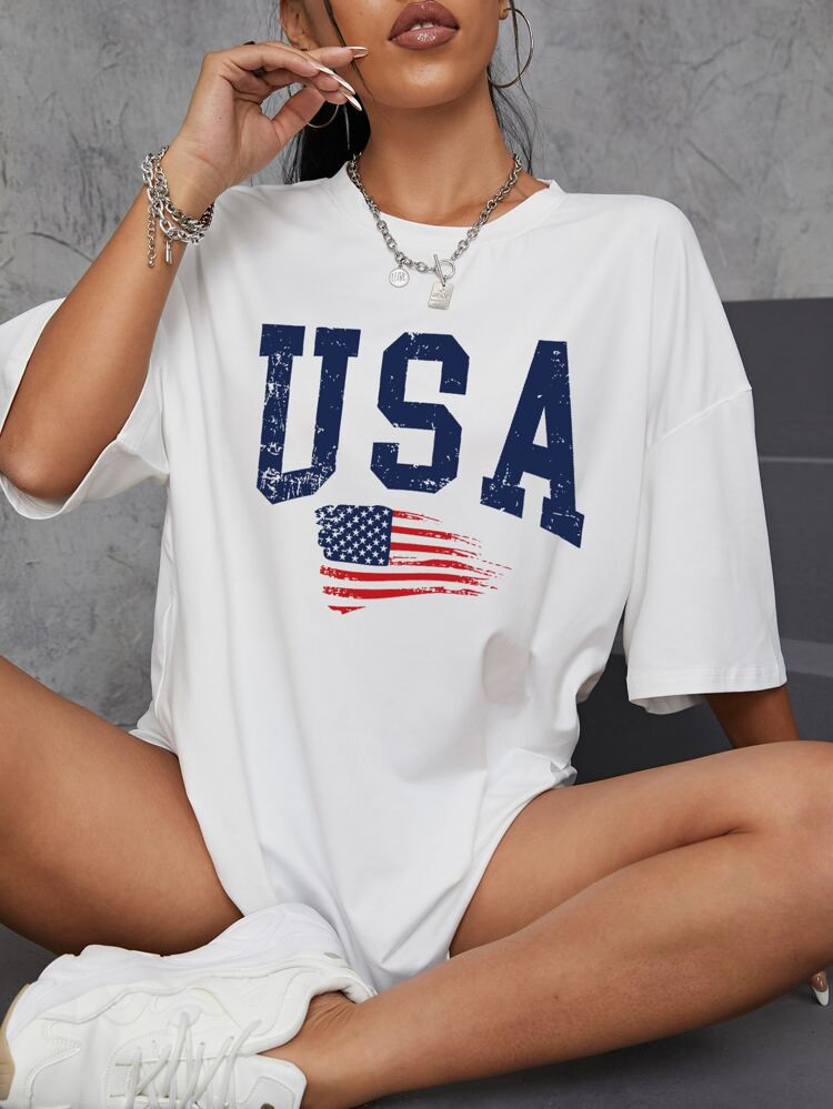 SHEIN EZwear American Flag And Letter Graphic Drop Shoulder Tee | SHEIN