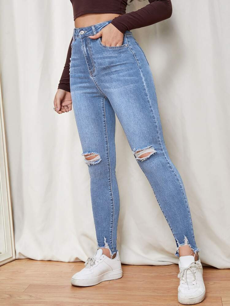 Zipper Fly Ripped Raw Hem Skinny Jeans | SHEIN