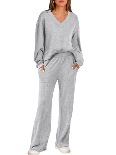 ANRABESS Women 2 Piece Outfits V Neck Sweatshirts Wide Leg Jogger Sweatpants Lounge Sets 2025 Spring Sweatsuit Travel Clothes Grey X-Large | Amazon (US)