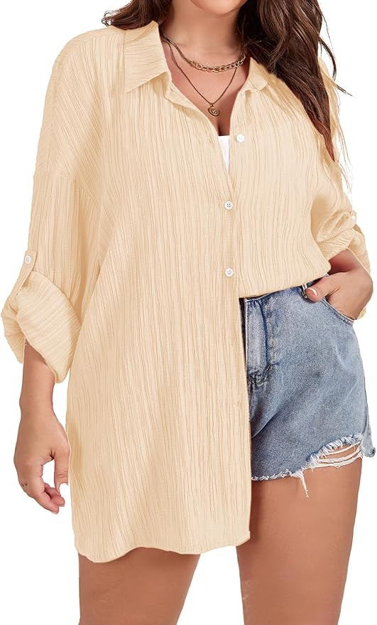 SCOMCHIC Women Plus Size Button Down Shirts Long Roll Up Sleeve V Neck Collared Casual Blouses Ov... | Amazon (US)