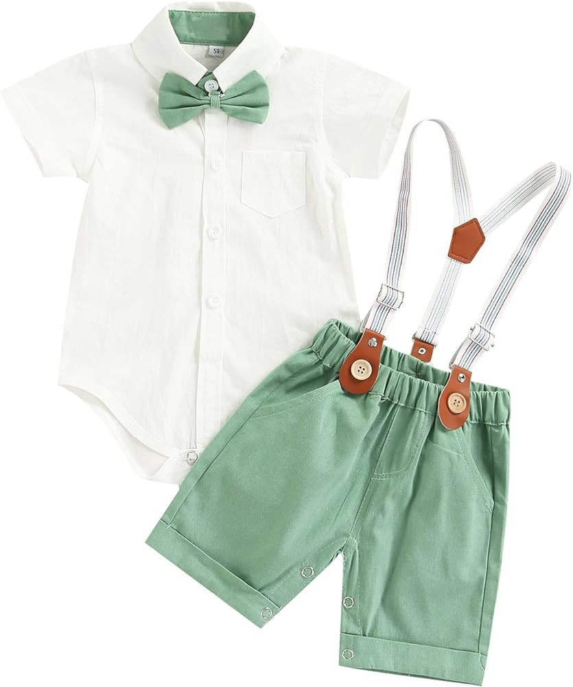 Qiylii Infant Baby Boys Short Sleeve Bowtie Buttons Bodysuit Shirts Suspender Shorts Casual Summe... | Amazon (US)