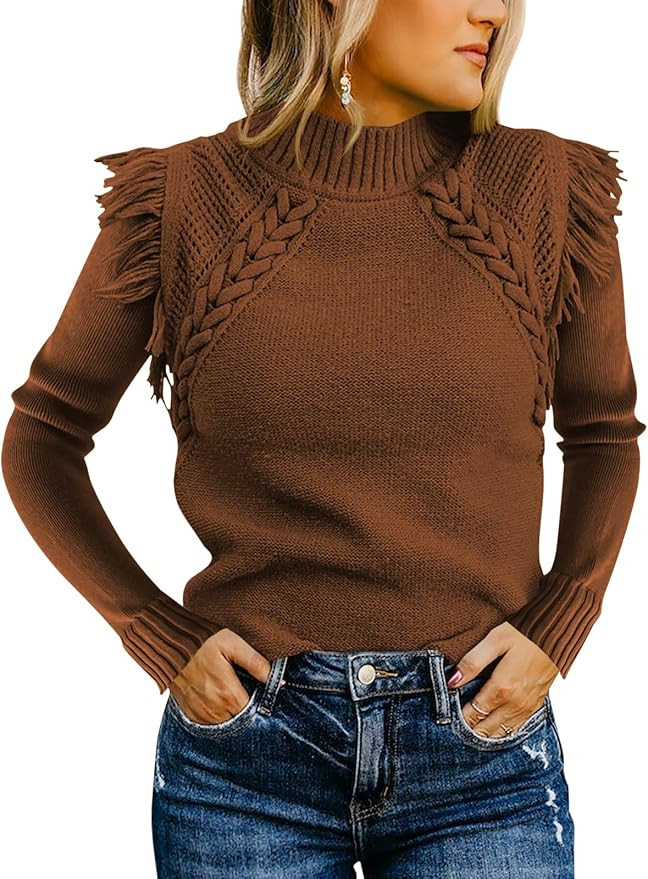 Women's Sweaters Fall Winter 2025 Trendy Mock Neck Fringe Tops Cable Knit Pullover Western Outfit | Amazon (US)