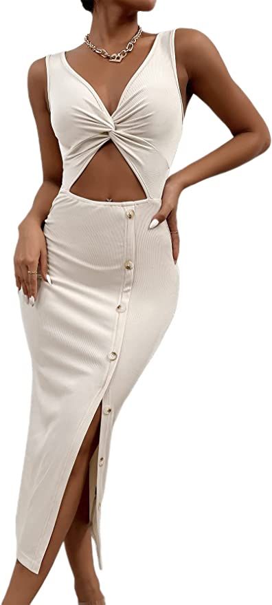 SheIn Women's Cut Out Split Thigh Bodycon Midi Dress Twist Front Button V Neck Sleeveless Dresses | Amazon (US)