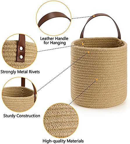 DULLEMELO Small Jute Hanging Baskets 2 Pack 7"(D) x 8"(H), Jute Woven Hanging Storage Basket With Le | Amazon (US)