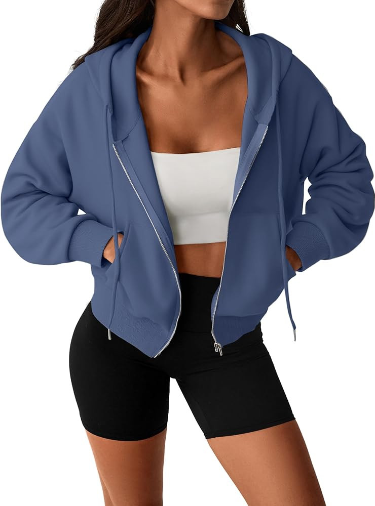 Hilinker Womens Cropped Zip Up Hoodie Drawstring Long Sleeve Crop Hooded Jacket with Pocket | Amazon (US)