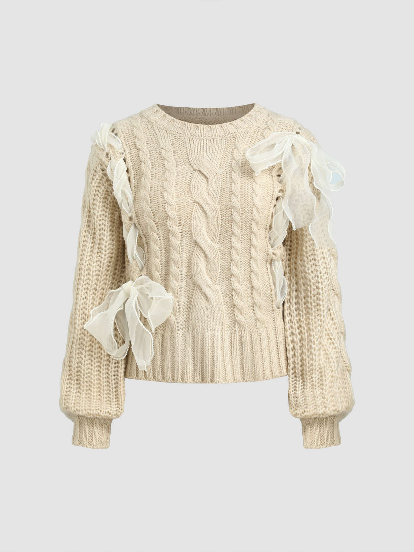 Cable Knit Round Neckline Lace Up Sweater | Cider