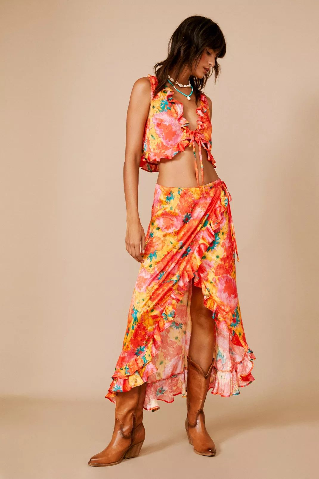 Floral Jacquard Ruffle Wrap Maxi Skirt | Nasty Gal (US)