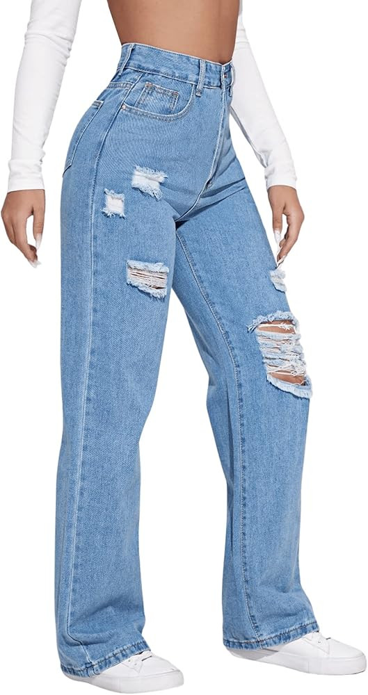 SweatyRocks Women's High Waisted Ripped Boyfriend Jeans Distressed Denim Pants with Pockets | Amazon (US)