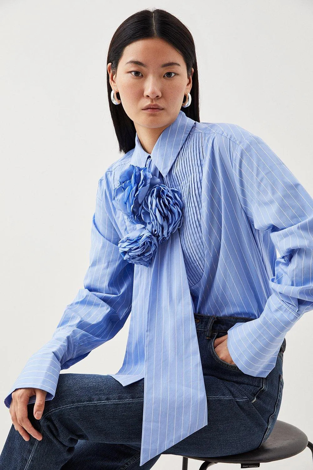 Tops | Striped Cotton Woven Shirt With Rosette | KarenMillen | Karen Millen UK + IE + DE + NL