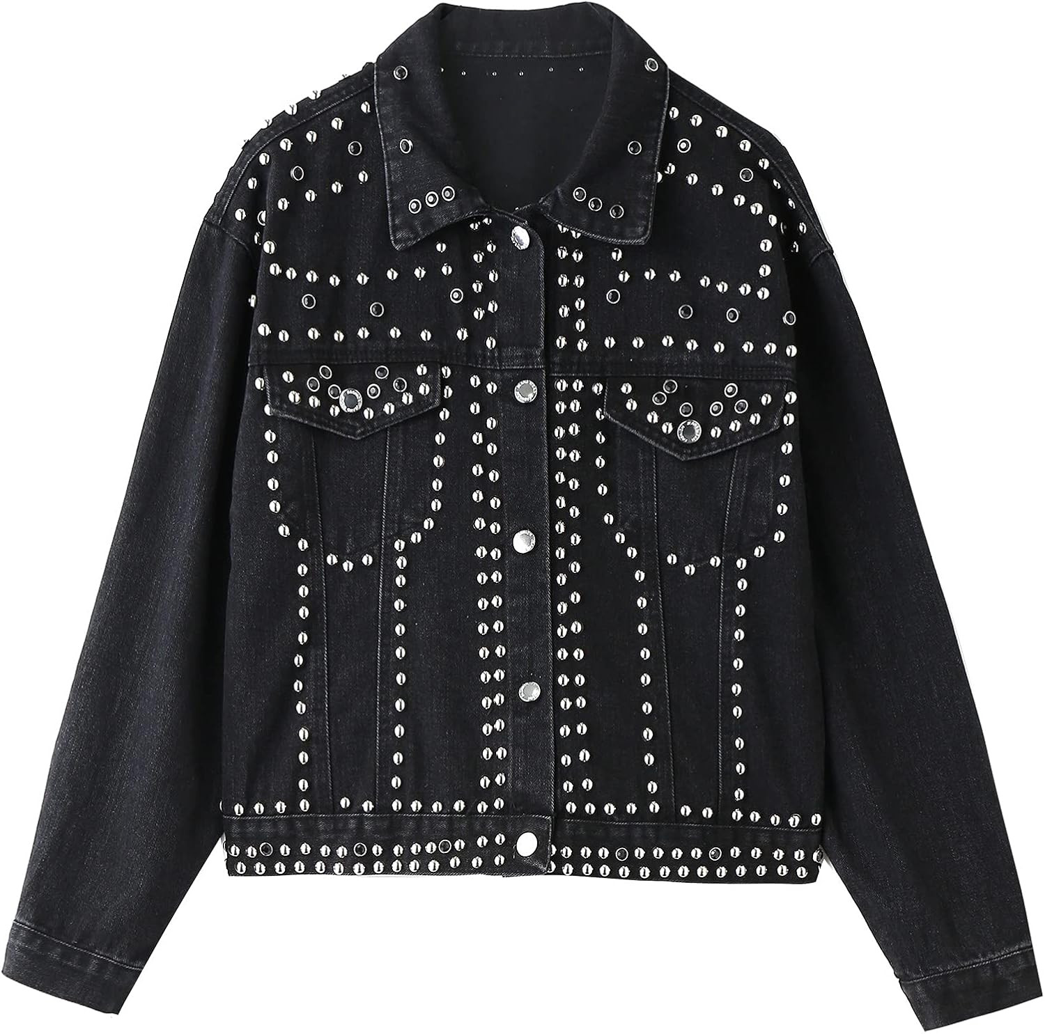 Women's Gorgeous Riveted Diamond-studded Loose Slim Denim Jacket | Amazon (US)
