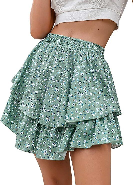 Eteviolet Summer High Waist Layered Ruffle Skirt for Women, U-Shape Floral Print Flowy Boho Mini ... | Amazon (US)