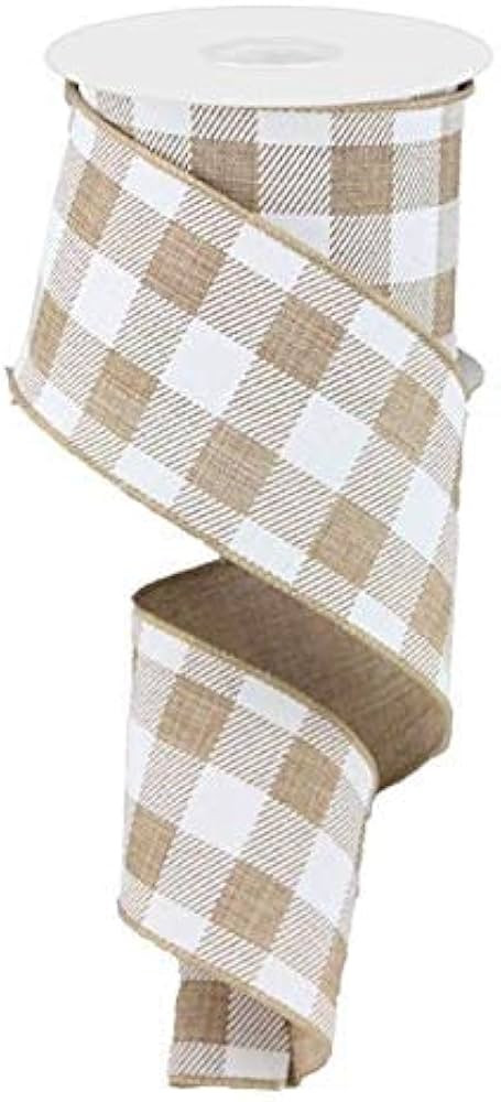 Plaid Check Wired Edge Ribbon - 10 Yards (Light Tan, White, 2.5") | Amazon (US)