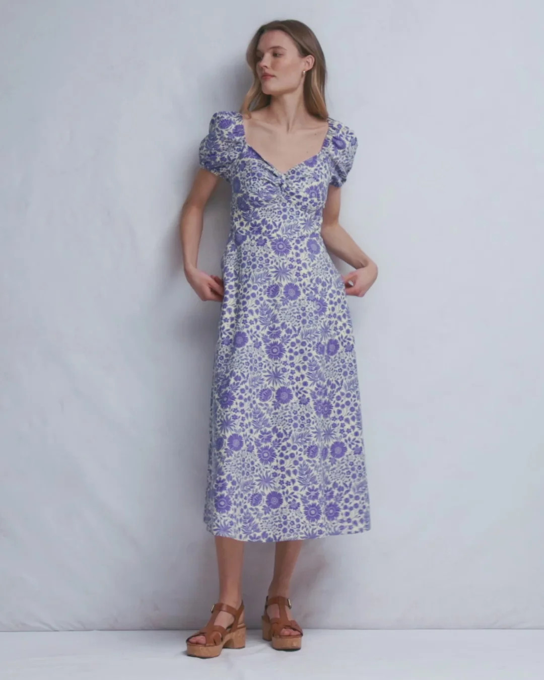 Twist Front Linen Blend Dress-Han Purple, Flowered Bloom | Boden (US)