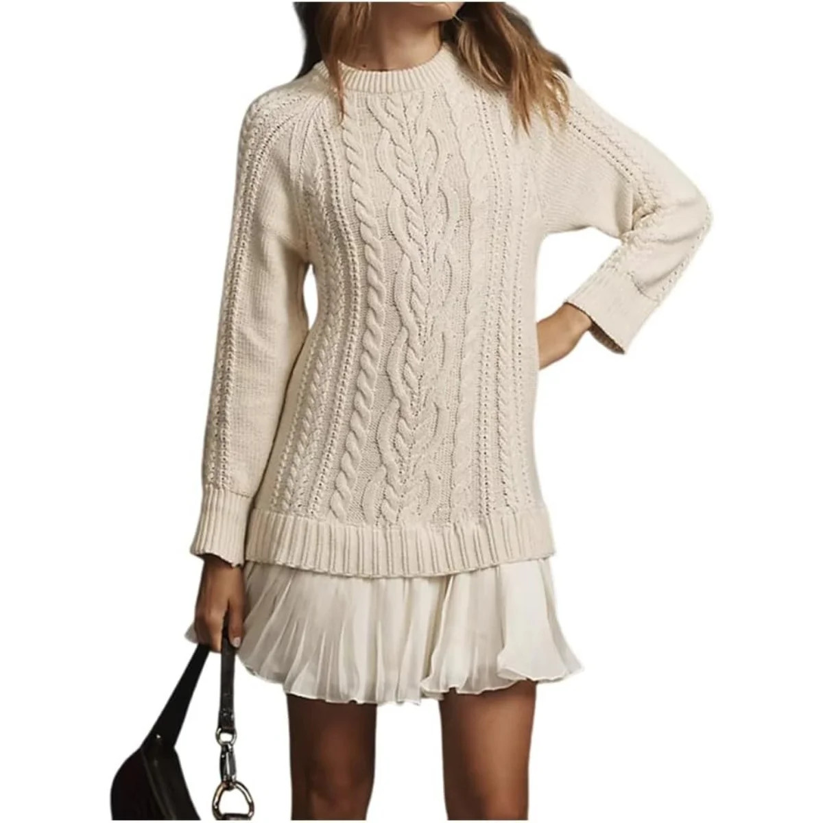 Women Crewneck Cable Knit Sweater Mini Dress, Cable Knit Sweater Dress, Sweater Dress with Pleate... | Walmart (US)
