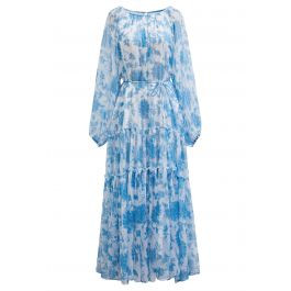 Serene Bloom Puff Sleeve Ruffle Chiffon Maxi Dress in Blue | Chicwish