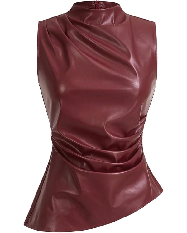 SHENHE Women's Mock Neck PU Leather Sleeveless Pleated Tank Top | Amazon (US)
