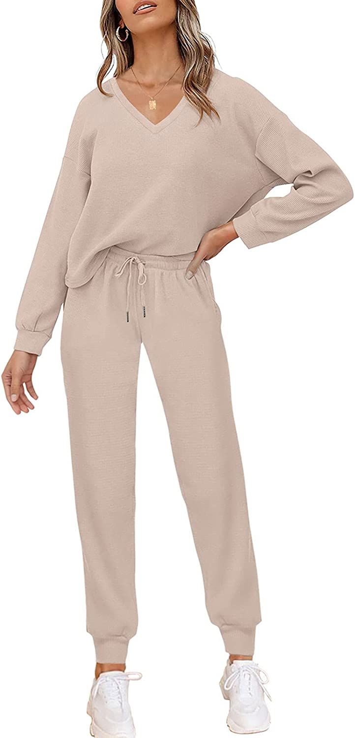 PIIRESO Women's V Neck Waffle Knit 2 Piece Outfits Long Sleeve Top and Pants Loungewear Jogger Se... | Amazon (US)