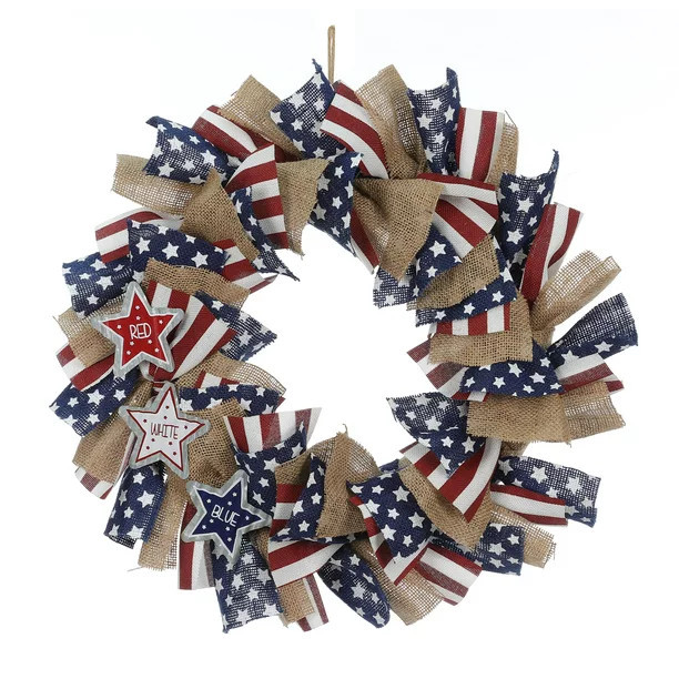 Way to Celebrate 4th of July Patriotic 18" Gingham Wreath , Galvanized Metal Star, Red/White/Blue | Walmart (US)