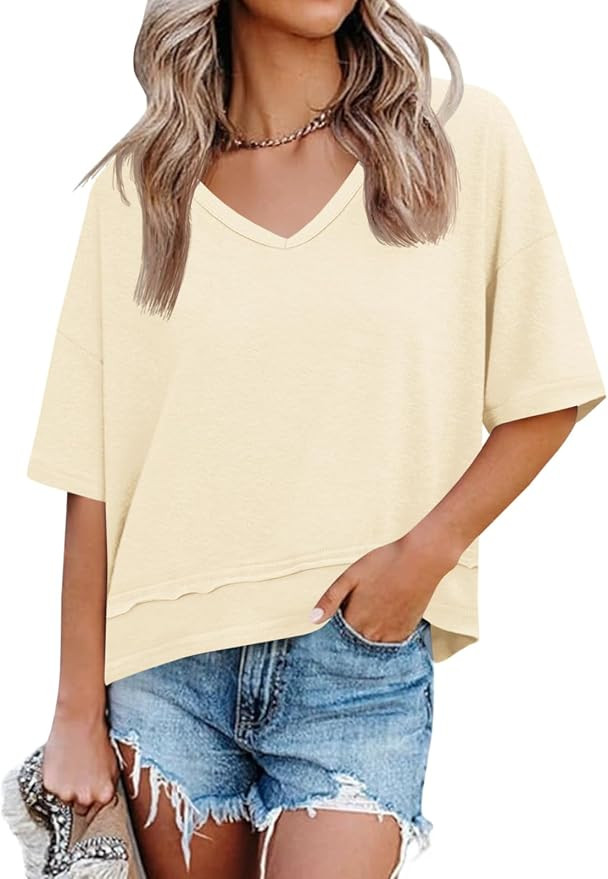 Cicy Bell Womens Summer V Neck T Shirts Casual Short Sleeve Flowy Tops Cute Loose Fit Basic Tees | Amazon (US)
