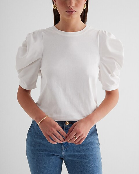 Skimming Crew Neck Poplin Ruched Puff Sleeve Tee | Express
